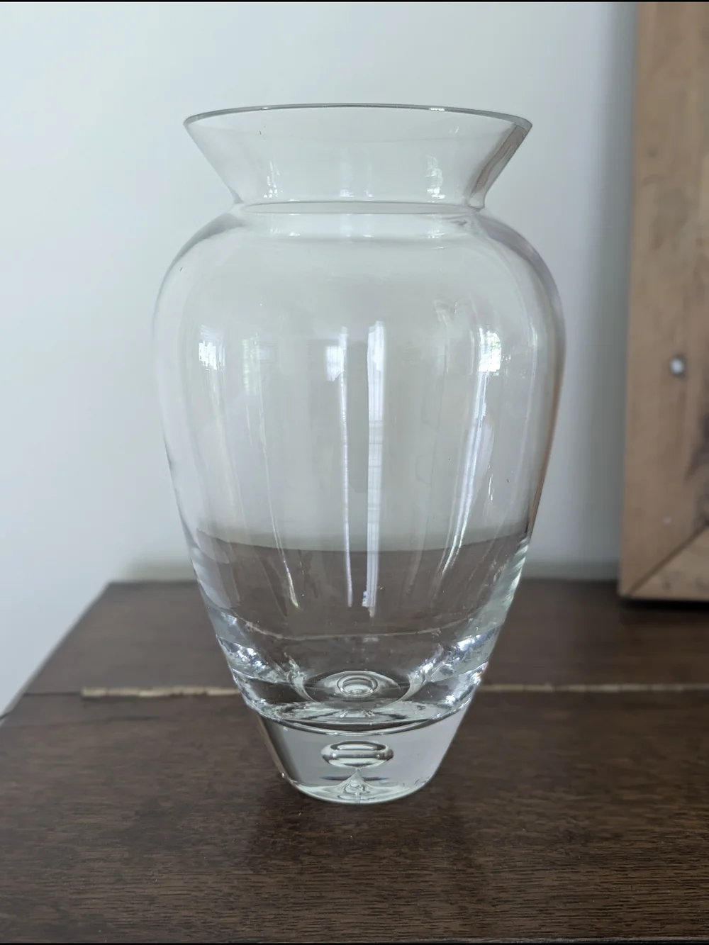 Heavy Clear Glass Urn Vase Controlled Bubble Base Flare Lip 10